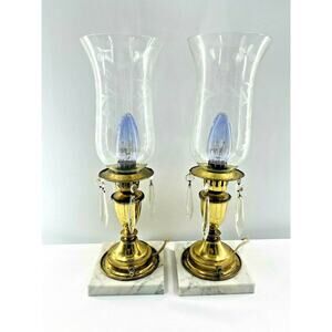 2 Hollywood Regency Candle Lamps MCM Hurricane Marble Brass w Glass Prisms 16"